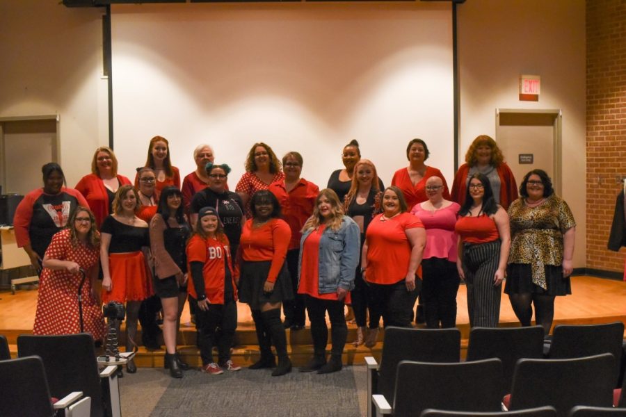 A photo of all of the students and staff who participated in The Vagina Monologues. 
