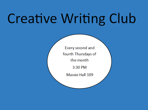 Creative Writing Club meets every second and fourth Thursdays at 3:30 PM in Massie Hall room 109