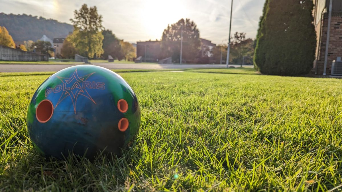 A bowling ball on the lawn overlooking SSUs campus