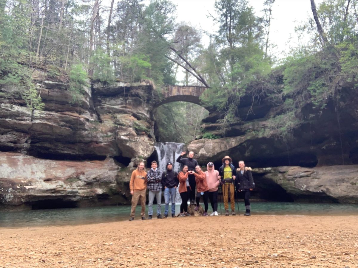 Members of SSUs Hiking Club finish last springs annual last hike of the school year at Hocking Hills. Participants include (from left) Regan Zeiber, Bengi Trout, Nathan Taylor, Callie Link, Sofia Mikhailichenko, n/a, Eric Jackson, Logan Brown and Ashlynn Pfau.