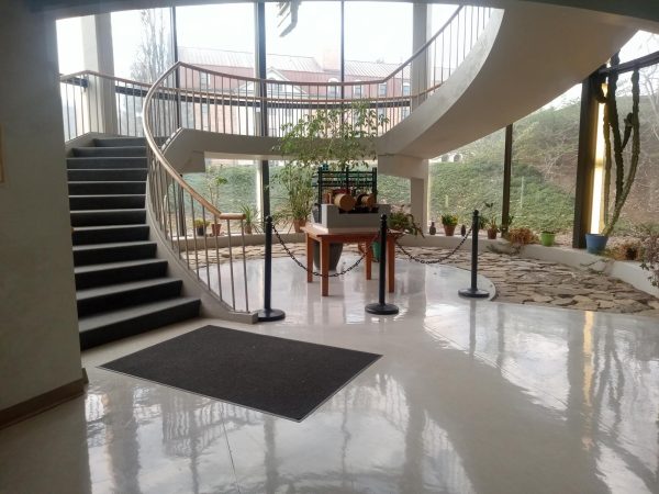 A picture of the stairs in the Clark Memorial Library, taken across from the Writing Center. 