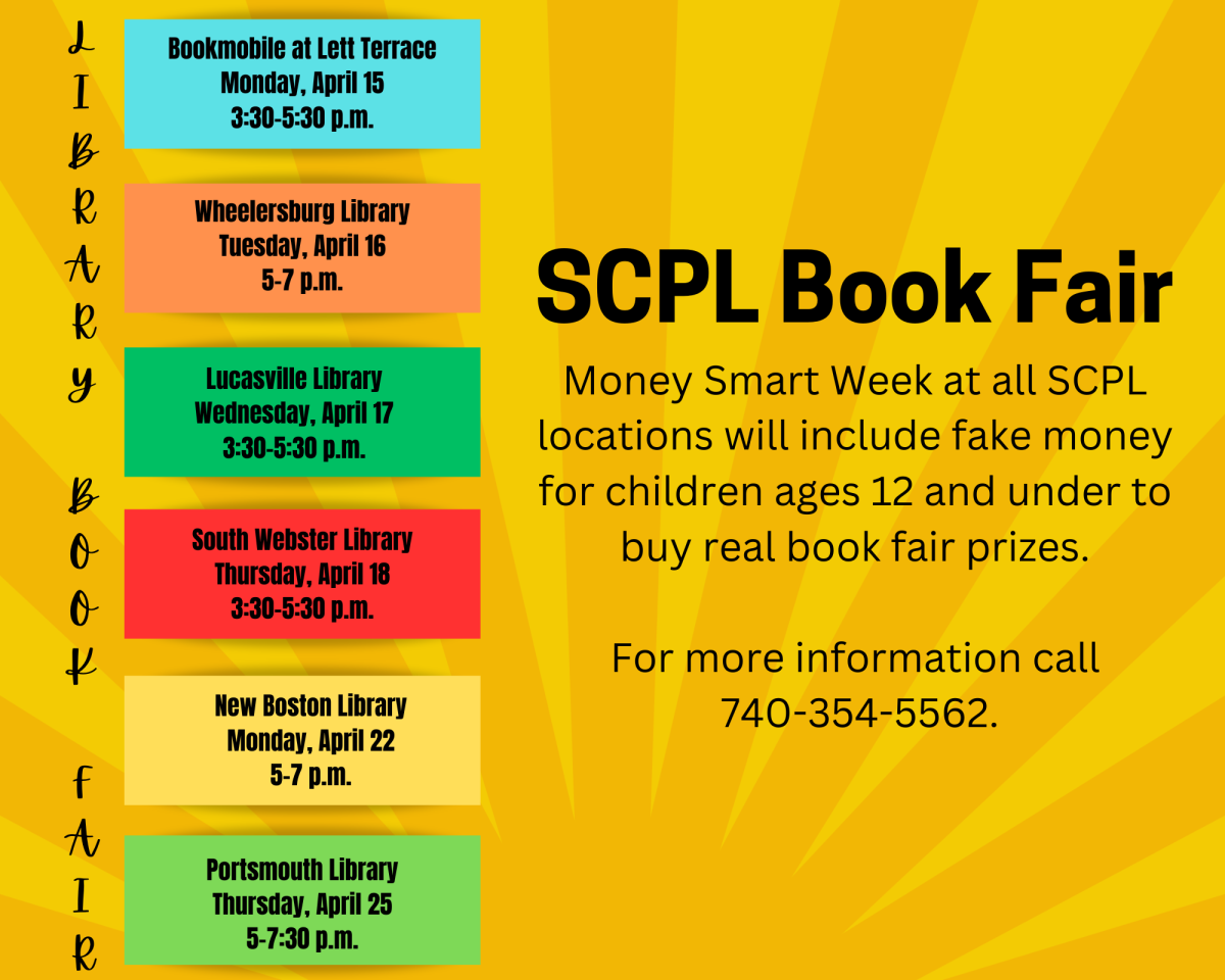 Dates and Times for book fair at SCPL locations.