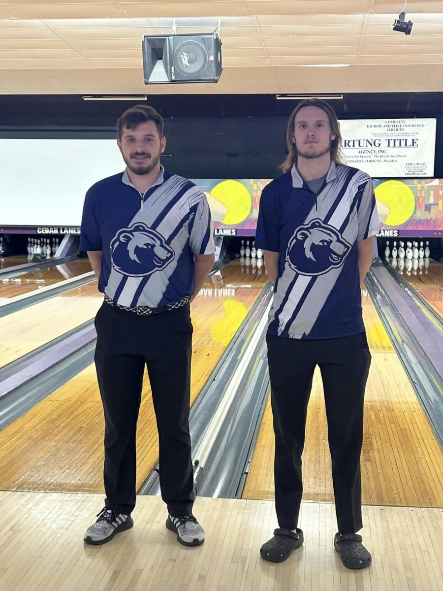 Shawnee State male bowlers Zach Ison (left) and Sam Clay